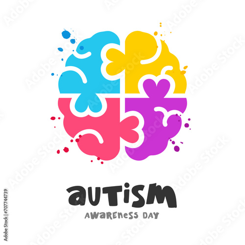 Autism Awareness Day. Colored brain consisting of blue, yellow, red and purple puzzle pieces with hearts.