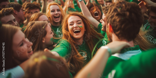 Photo of happy youth having fun in a friendly crowd, dressed in green clothes photo