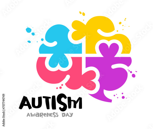 Multicolored human brain consisting of four colored pieces of puzzles with hearts. Autism Awareness Day.