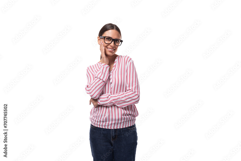young slender business lady with a ponytail hairstyle is dressed in a striped shirt on a white background young slender business lady with a ponytail hairstyle is dressed in a striped shirt on a white background