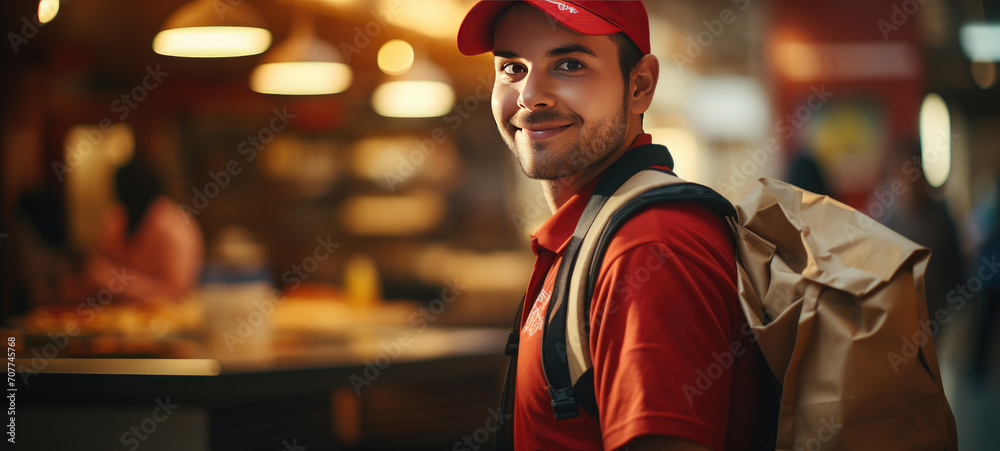 male Pizza Delivery with Delivery bag on Blur cafe, restaurant background