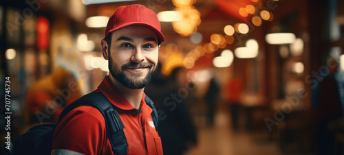 male Pizza Delivery with Delivery bag on Blur cafe  restaurant background