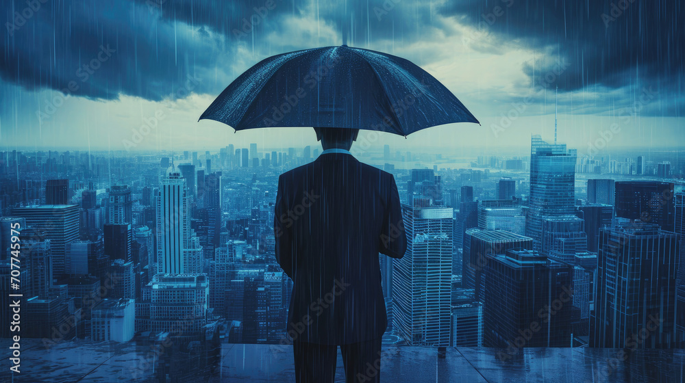 Businessman with umbrella standing in rain in urban city landscape. Generative AI - obrazy, fototapety, plakaty 