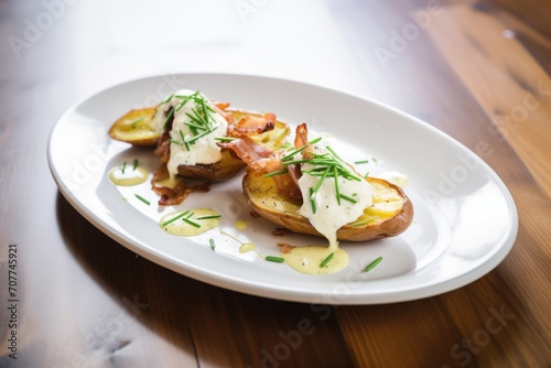 artfully plated potato skins with a drizzle of aioli