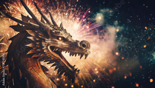Chinese new year 2024 symbol. Closeup wooden dragon head surrounded by sparkles and fireworks. Conceptual festive background with copy space for advertising