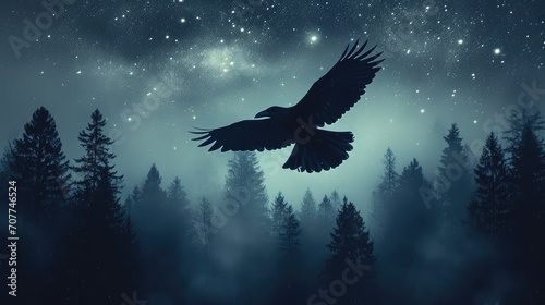 A raven flying above a forest at night, The starry night sky. Generative AI.
