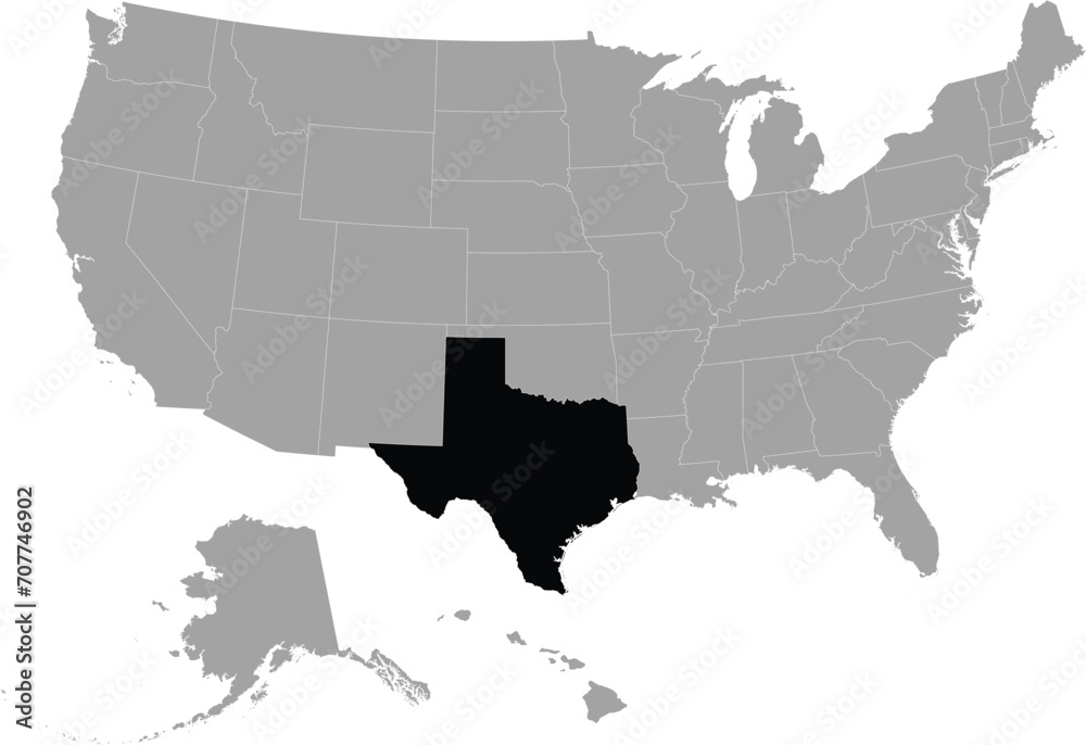 Black Map of US federal state of Texas within gray map of United States of America