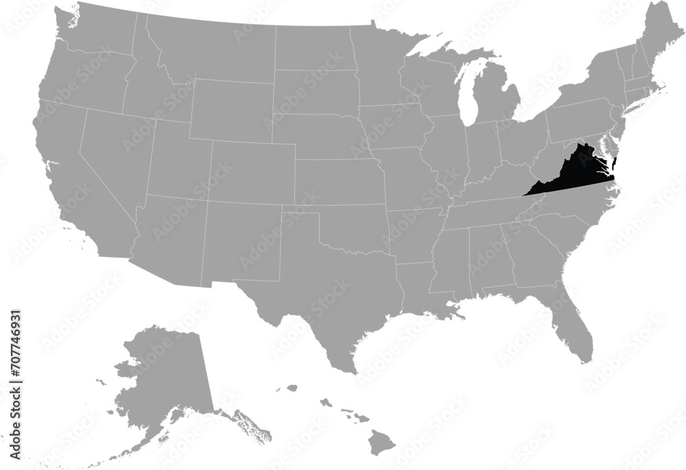 Obraz premium Black Map of US federal state of Virginia within gray map of United States of America