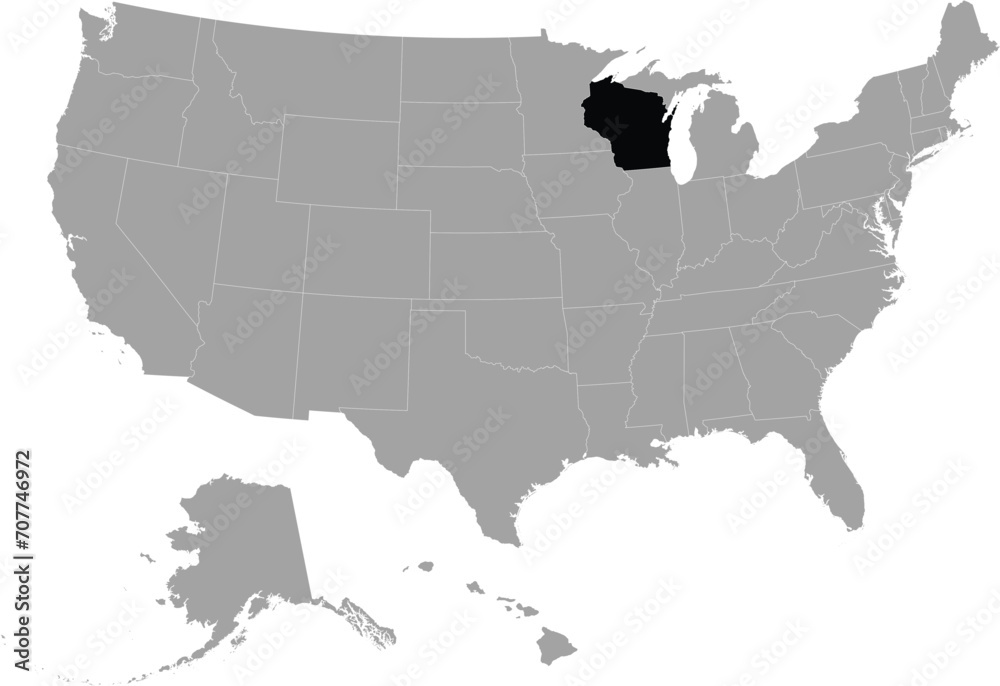 Black Map of US federal state of Wisconsin within gray map of United States of America