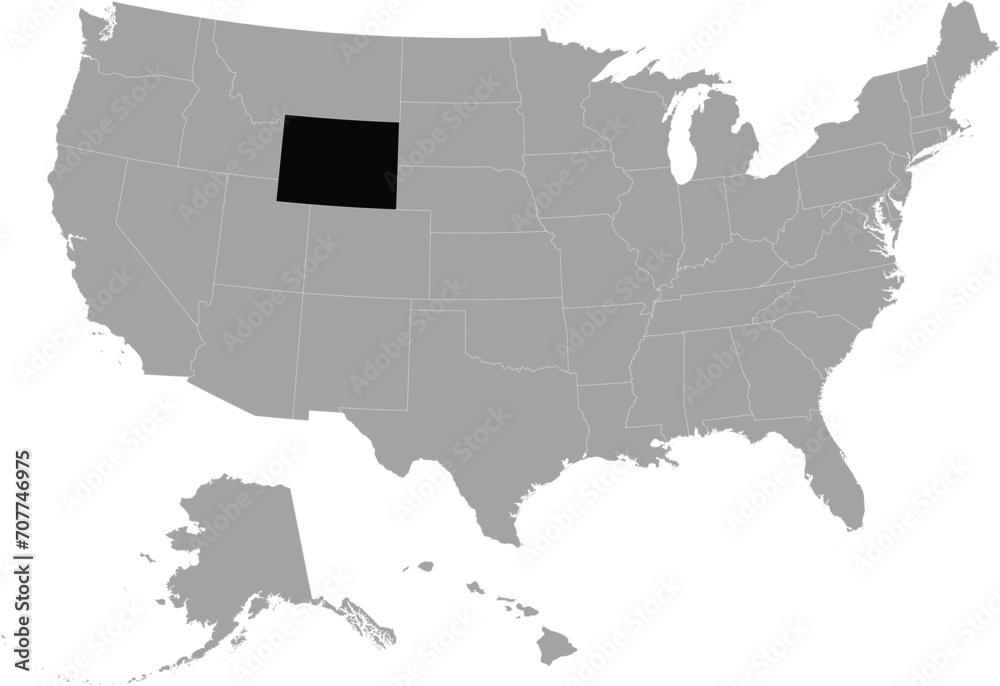 Black Map of US federal state of Wyoming within gray map of United States of America