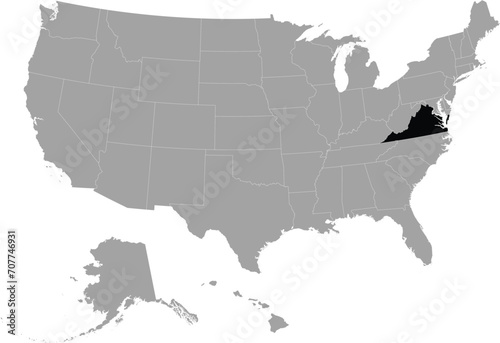 Black Map of US federal state of Virginia within gray map of United States of America