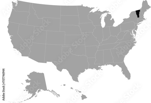 Black Map of US federal state of Vermont within gray map of United States of America