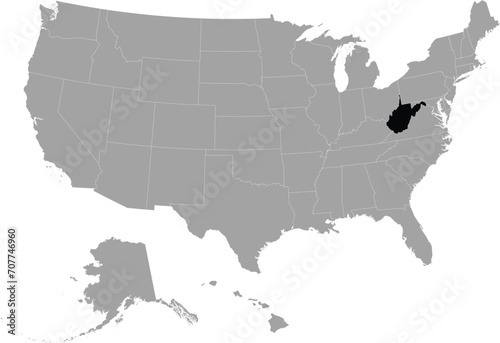 Black Map of US federal state of West Virginia within gray map of United States of America