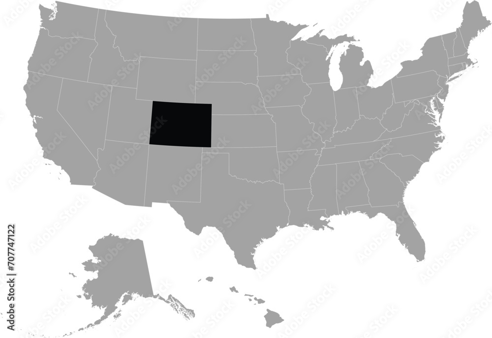 Black Map of US federal state of Colorado within gray map of United States of America