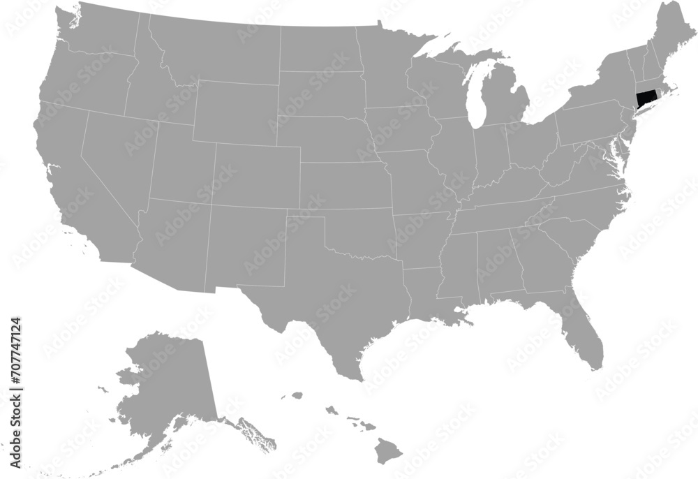 Black Map of US federal state of Connecticut within gray map of United States of America