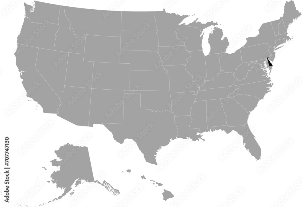 Black Map of US federal state of Delaware within gray map of United States of America