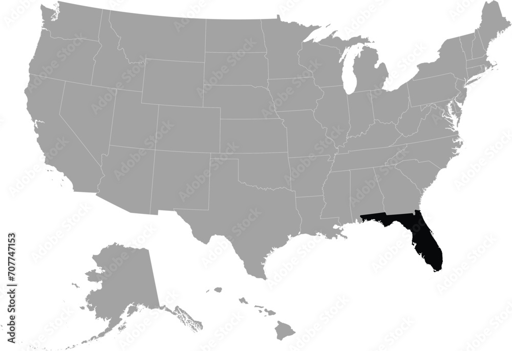 Obraz premium Black Map of US federal state of Florida within gray map of United States of America