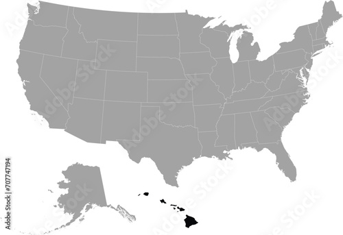 Black Map of US federal state of Hawaii Islands within gray map of United States of America