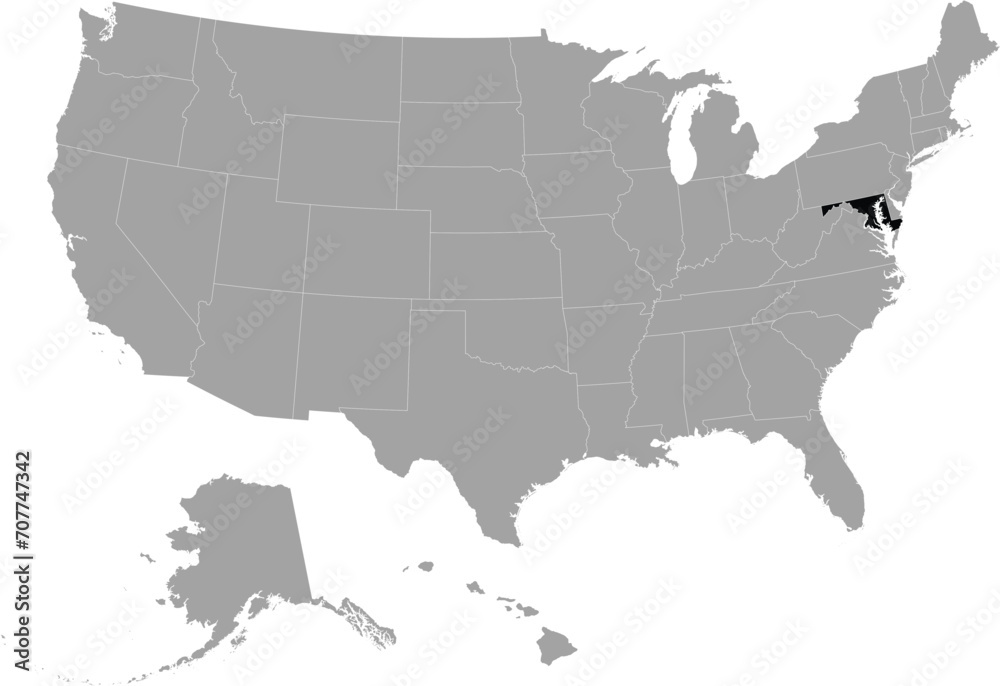 Black Map of US federal state of Maryland within gray map of United States of America