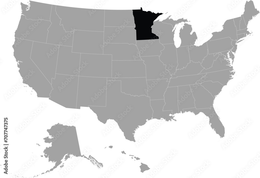 Black Map of US federal state of Minnesota within gray map of United States of America