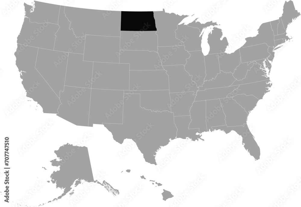 Black Map of US federal state of North Dakota within gray map of United States of America