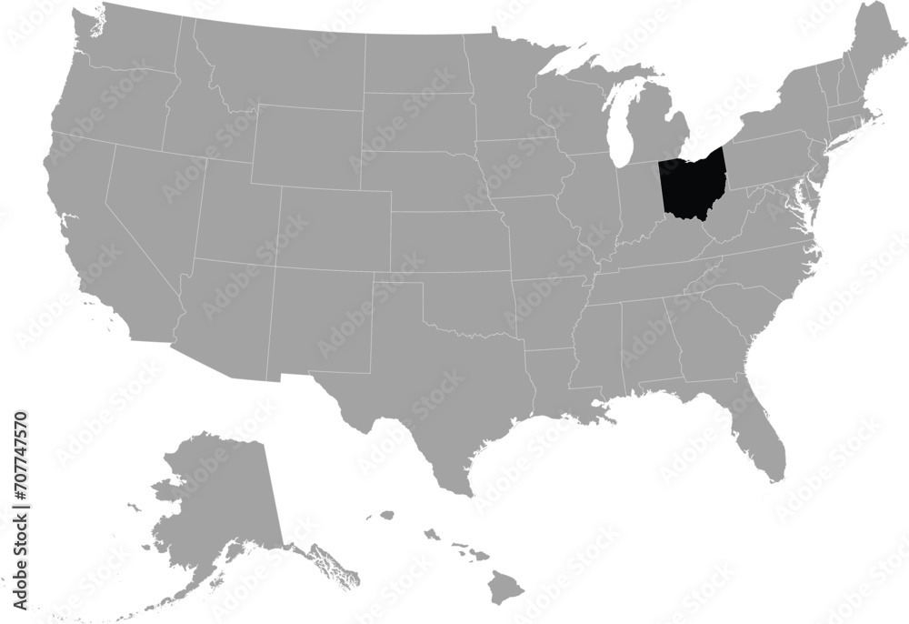 Black Map of US federal state of Ohio within gray map of United States of America