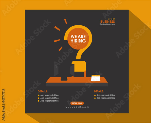 Simple clean we are hiring job offer social media post design vector. Recruitment for vacancy elegant square post layout for company.