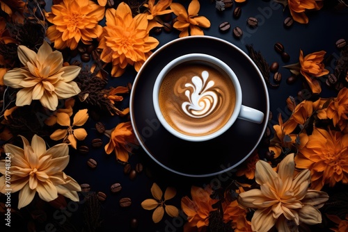 Creative layout made of flowers, leaves and coffee cup on dark background. Flowers composition. Hot drinks, seasonal offer concept. Flat lay, top view with copy space