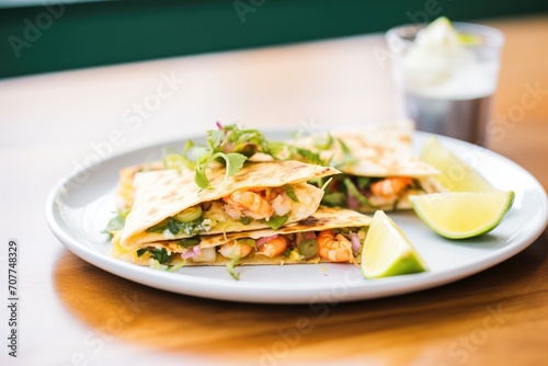 quesadilla with grilled shrimp, lime wedge aside