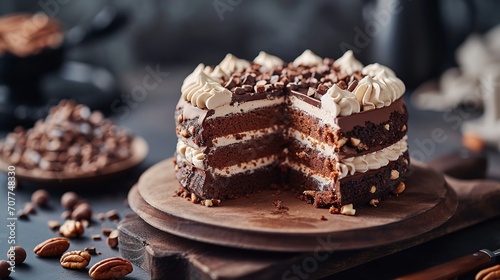 Chocolate cake with cream nuts and chocolate. Ai generative