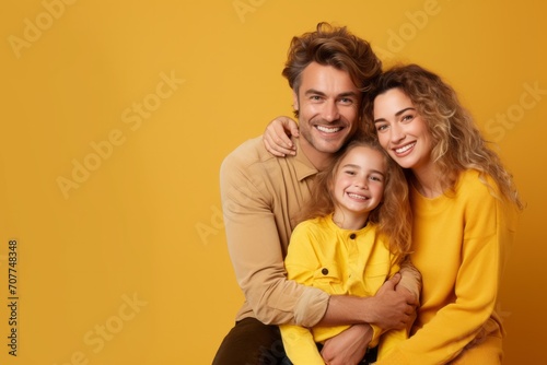 Parenthood and childhood concept. Happy caucasian parents mom and dad sitting on floor with daughter, yellow background © Danko