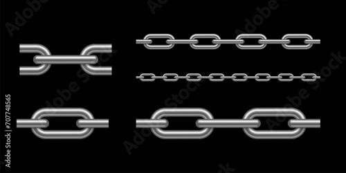 Silver metal seamless chain set vector illustration on black background. Realistic iron chain links. Silvery shiny luxury jewelry necklace