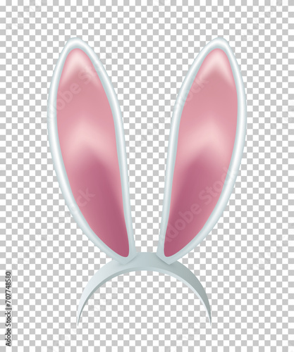Rabbit ears realistic 3d vector illustration. Easter bunny ears kid headband, mask. Hare costume white and pink element. Photo editor, booth, video chat app isolated on transparent background
