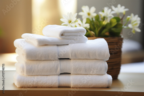 A stack of fluffy white towels neatly folded, conveying a sense of freshness and cleanliness, creating a serene spa-like atmosphere.