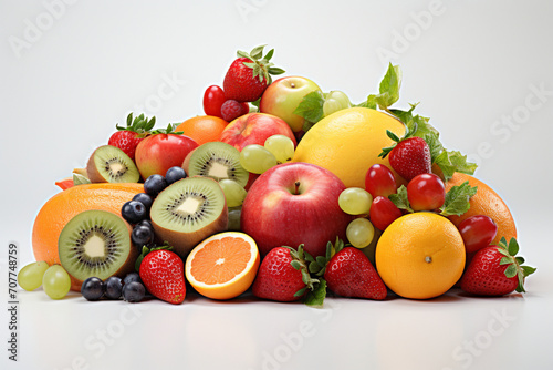 An assortment of vibrant and fresh fruits  including oranges  strawberries  and kiwis  arranged artfully on a clean white surface.