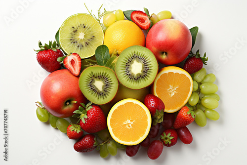 An assortment of vibrant and fresh fruits  including oranges  strawberries  and kiwis  arranged artfully on a clean white surface.