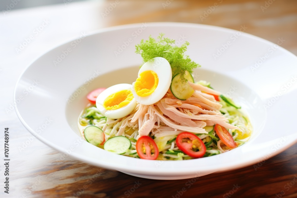 cold ramen salad with cucumber, tomato, cold broth