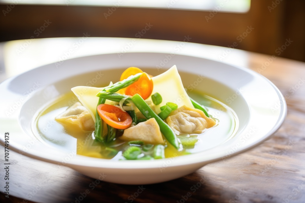 bowl of ravioli soup with vegetables and broth