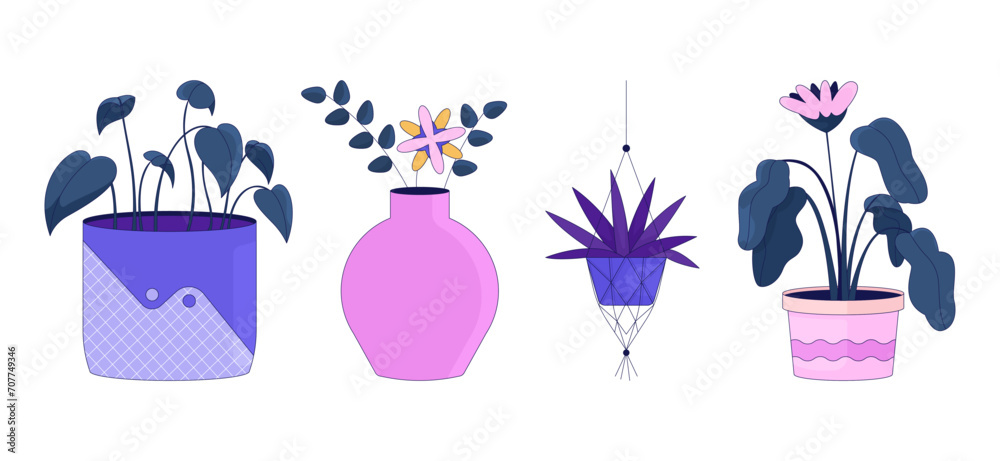 Planting flowerpots 2D linear cartoon objects set. Potted houseplants isolated line vector elements white background. Flowering gardening. House plants in pots color flat spot illustrations collection