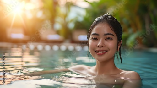 Portrait beautiful young Asian woman smile happy in swimming pool. Ai generative