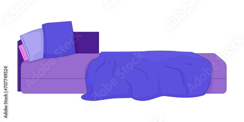 Messy bed 2D linear cartoon object. Unmade bed pillows, crumpled wrinkled blanket isolated line vector element white background. Peaceful afternoon bedroom furniture color flat spot illustration