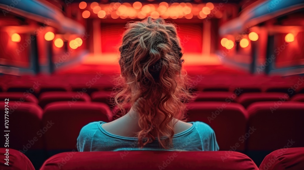 A woman watching a movie on a cinema theater, From the back. Generative AI.
