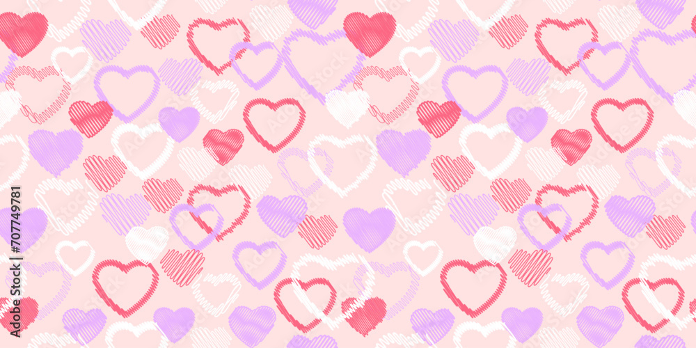Seamless pastel pattern with vector hand drawn sketch shape hearts. Print with set creative abstract texture heart silhouettes. Valentine, love background. Design for textile, fashion, surface design