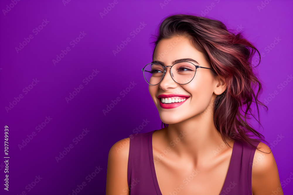 Portrait of a smiling beautiful young woman with eyeglasses on purple background Portrait of a smiling beautiful young woman with eyeglasses on purple background
