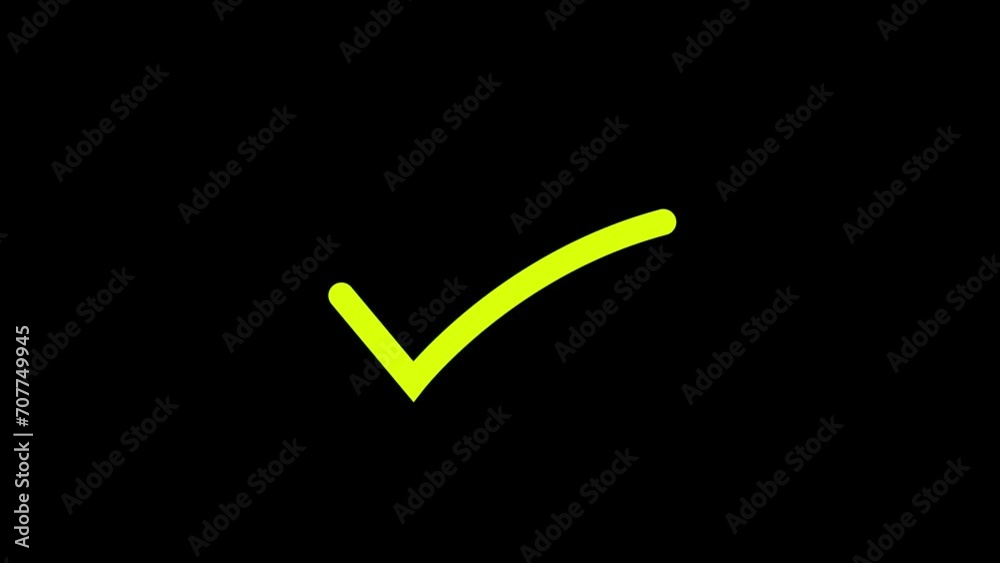 Yellow tick doodle, hand drawn check mark animation on a black background. checkbox or check mark animation. Animated Check mark icon. OK check mark symbol.