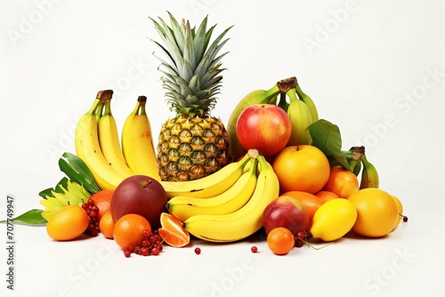  Variety of fresh tropical fruit on exotic yellow isolated on a white background © Amer