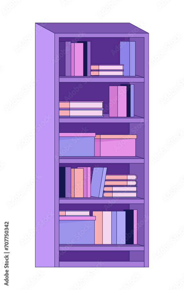 Bookcase living room 2D linear cartoon object. Carton boxes books bookshelves isolated line vector element white background. Bookstand. Bookstore, library furniture color flat spot illustration Bookcase living room 2D linear cartoon object. Carton boxes books bookshelves isolated line vector element white background. Bookstand. Bookstore, library furniture color flat spot illustration