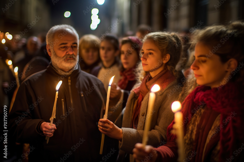 people in procession with candles during the celebration of Candelar day - obrazy, fototapety, plakaty 