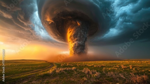 A powerful tornado moves under the road. Catastrophic natural phenomenon