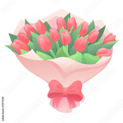 A bouquet of pink tulips in a vase or in a wrapper. Flat illustrations for greetings on the occasion of March or Women's Day.